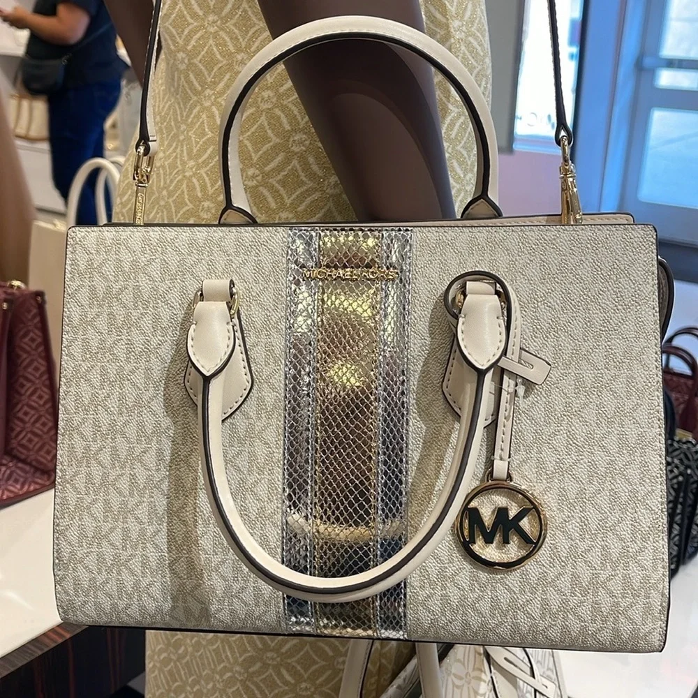 Michael Kors Sheila Medium Signature Logo and Metallic Satchel Crossbody CZ NWT